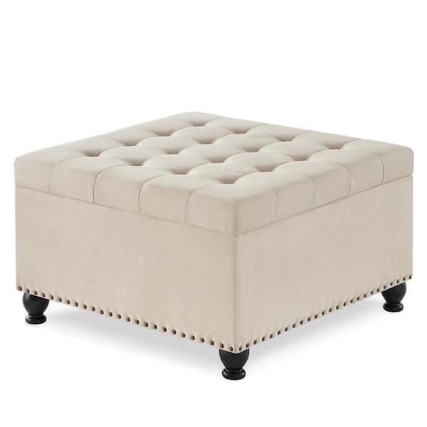 Tileon Large Square Storage Table with Wood Legs, Upholstered Tufted Coffee Table with Nail Trims for Living Room-Beige