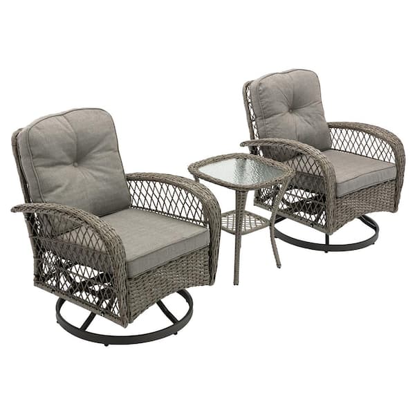 FORCLOVER 3-Piece Outdoor Wicker Modern Swivel Patio Conversation Set with Gray Cushions