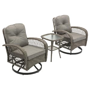 3-Piece Outdoor Wicker Modern Swivel Patio Conversation Set with Gray Cushions