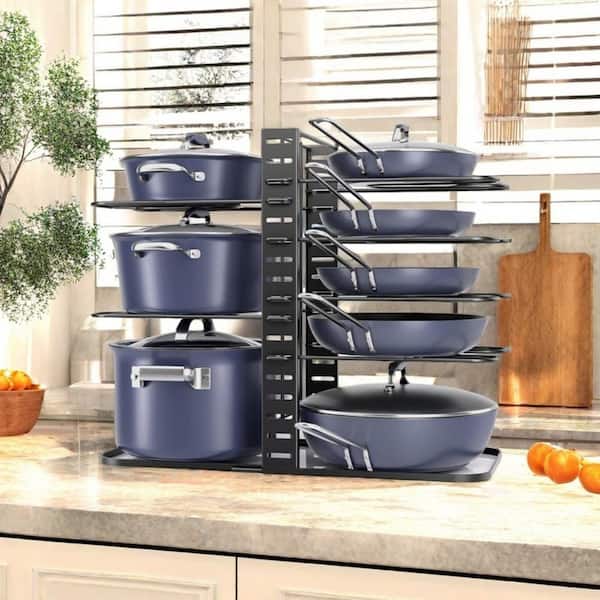 8-Tier 14.96 in. H Black Adjustable Standing Pot Rack, Pots and Pans Organizer, Kitchen Organizers and Storage