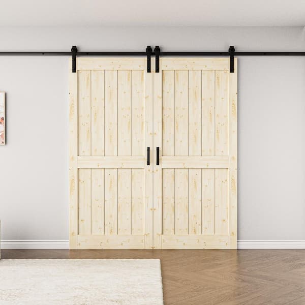 72 in. x 84 in. Paneled H Shape Solid Core Pine Unfinished Wood Sliding Barn Door Slab with Hardware Kit and Soft Close