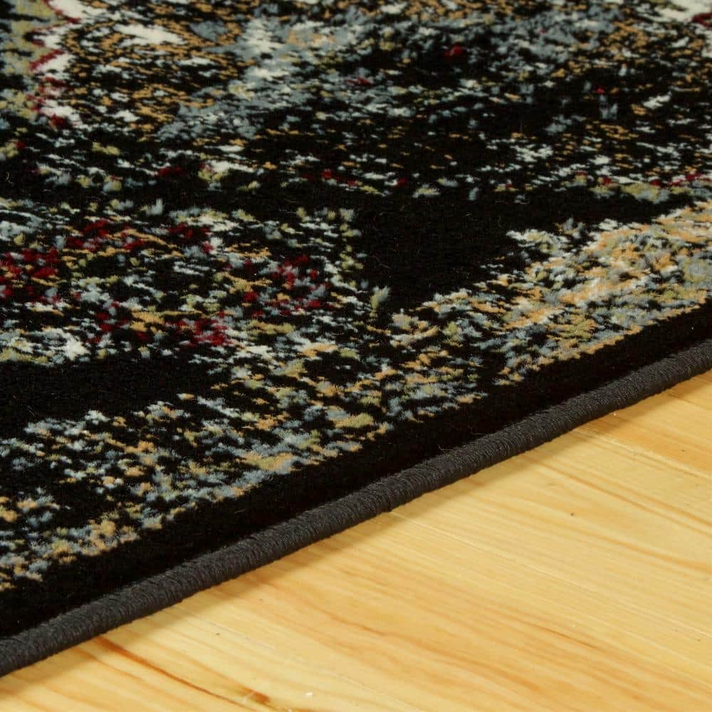 Black Distressed Damask Synthetic 8' x 10' Area Rug