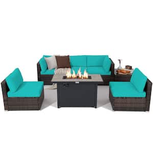 7 Piece Wicker Patio Conversation Set with 60000 BTU Fire Pit Table & Protective Cover & Turquoise Cushions