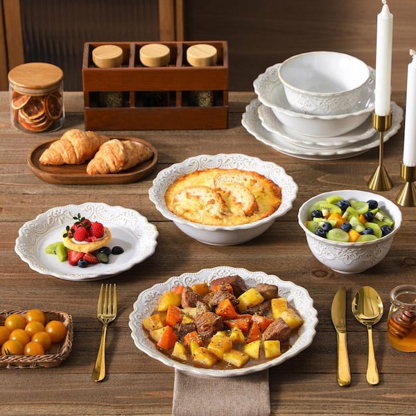 MALACASA 16-Piece Cream White Stoneware Dinnerware Set Service for