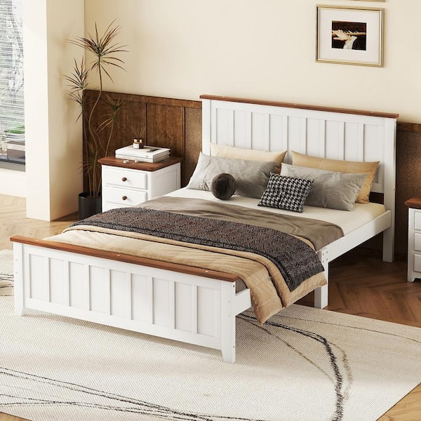 White Wood Frame Full Size Vintage Platform Bed with Rectangular Headboard and Footboard
