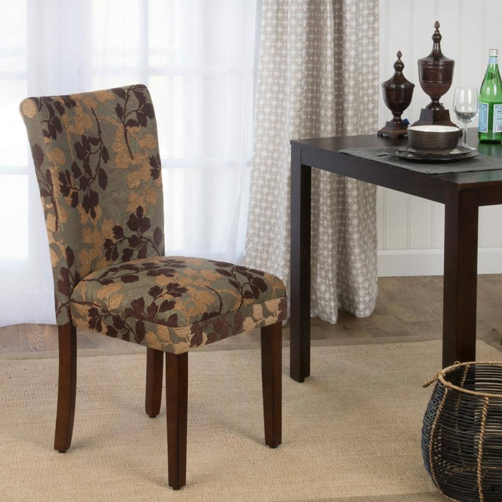 Brown Floral Upholstered Parsons Side Chair with Wood Legs