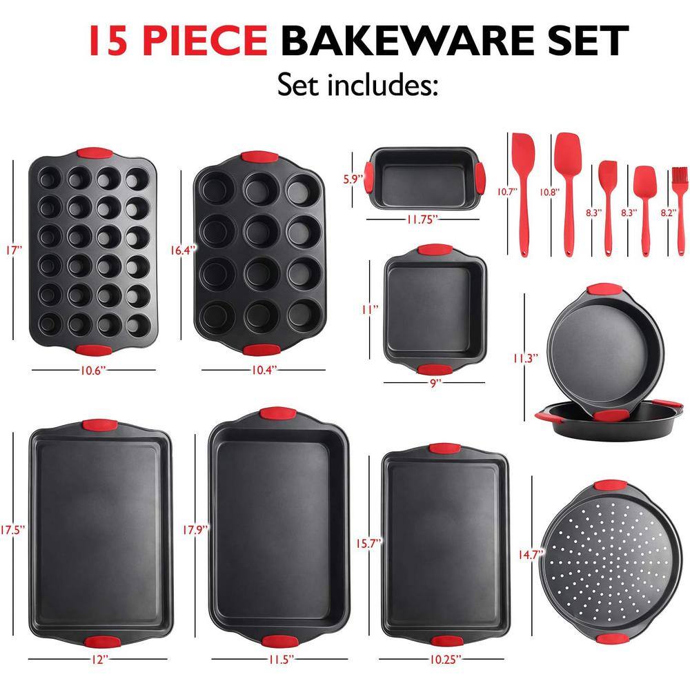 15-Piece Black Carbon Steel Bakeware Set with Red Silicone Handles