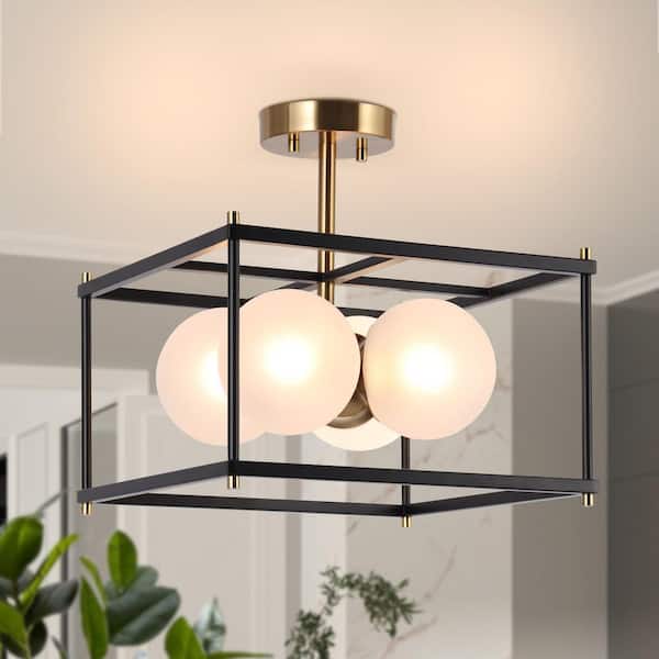 Modern 13.5 in. W 4-light Black Brass Semi-flush Mount Light with Frosted Glass, Square Ceiling Lamp for Bedroom, Foyer