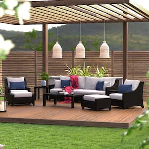 Deco 8-Piece All Weather Wicker Patio Sofa and Club Chair Conversation Set with Sunbrella Bliss Ink Cushions