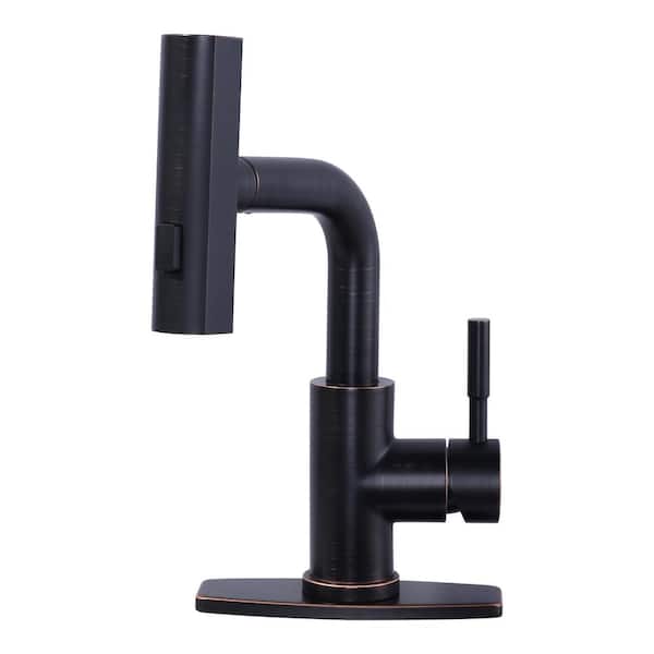 3 Modes Single Handle Stainless Steel Waterfall Bar Faucet with Pull Down Sprayer and Deckplate in Oil Rubbed Bronze