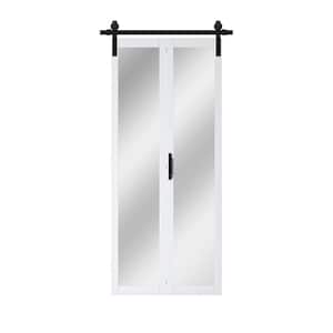 36 in. x 84 in. 1 Lite Mirrored Glass Solid Core White Finished Composite Bi-fold Door with Bifold Barn Door Hardware