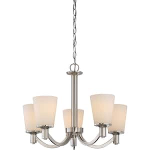 5-Light Brushed Nickel Chandelier with White Glass Shade