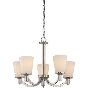 5-Light Brushed Nickel Chandelier with White Glass Shade