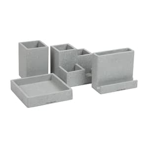 Terrazzo Collection, 4 Piece Set includes Pen Cup, Pen and Phone Holder, Memo Tray, 4 Compartment Catch All Tower, Gray