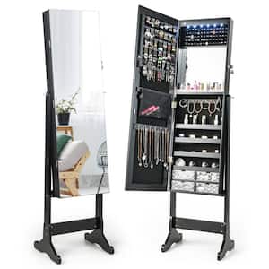 16 in. W Black Mirrored P2 MDF Free Standing Full Length Jewelry Armoire with Lights
