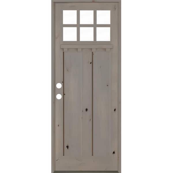 Krosswood Doors 36 in. x 96 in. Craftsman Alder Right Hand 6-Lite Clear Glass Grey Stain Wood Prehung Front Door with Dentil Shelf