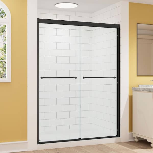 56 in. - 60 in. W x 76 in. H Double Sliding Semi-Frameless Shower Door in Matte Black with 5/16 in. (8 mm) Clear Glass
