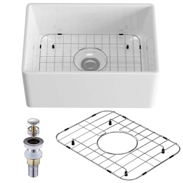 Eridanus White Fireclay 20 in. Single Bowl Ceramic Farmhouse Apron Kitchen Sink with Bottom Grid