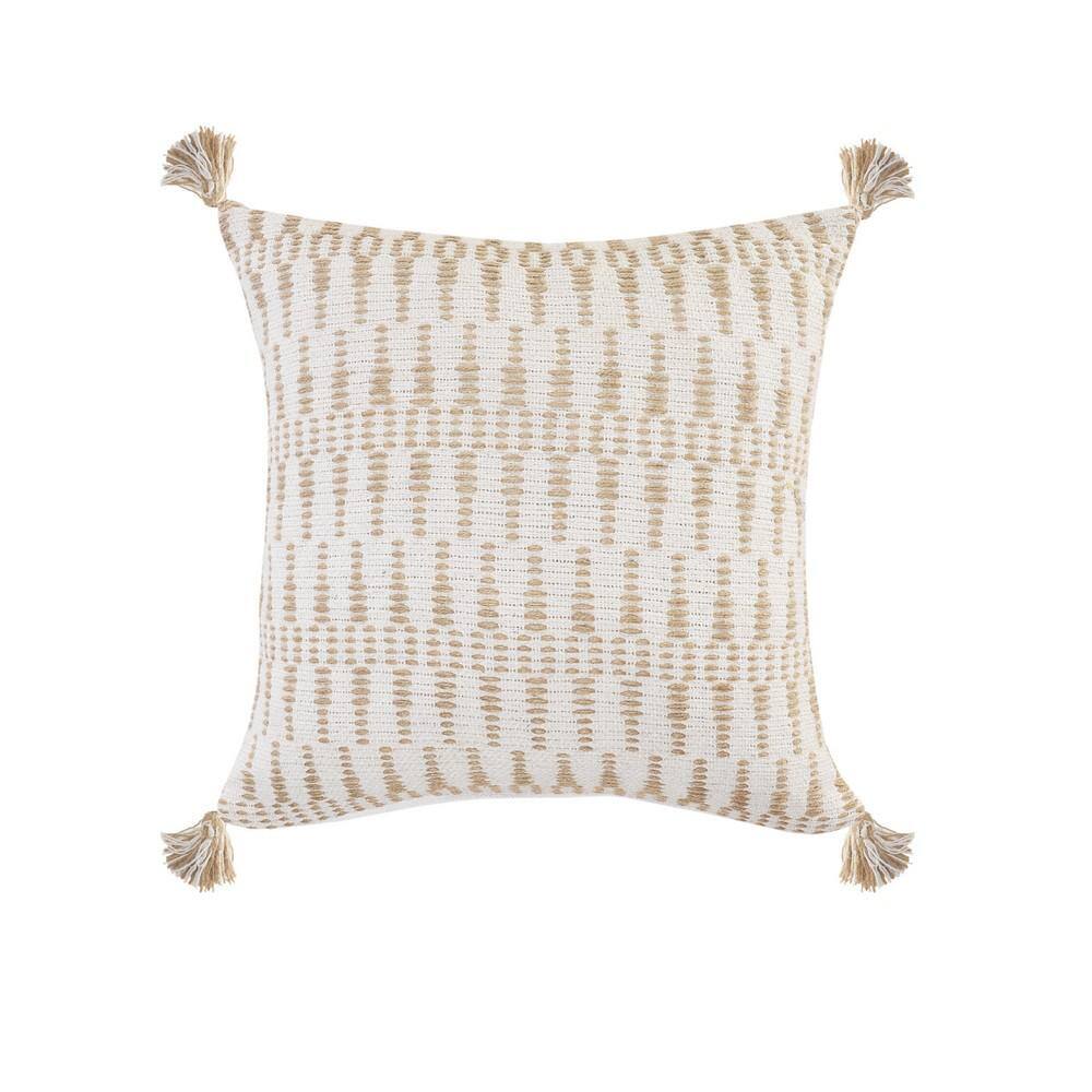 Ivory and Tan Ikat Jute Tasseled Throw Pillow, 20" x 20"