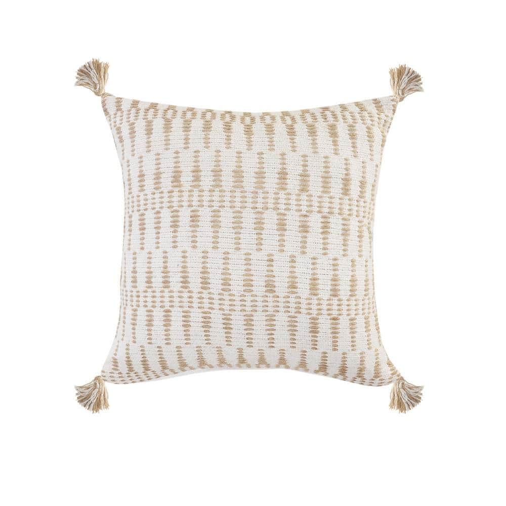 Ivory and Tan Ikat Jute Tasseled Throw Pillow, 20" x 20"