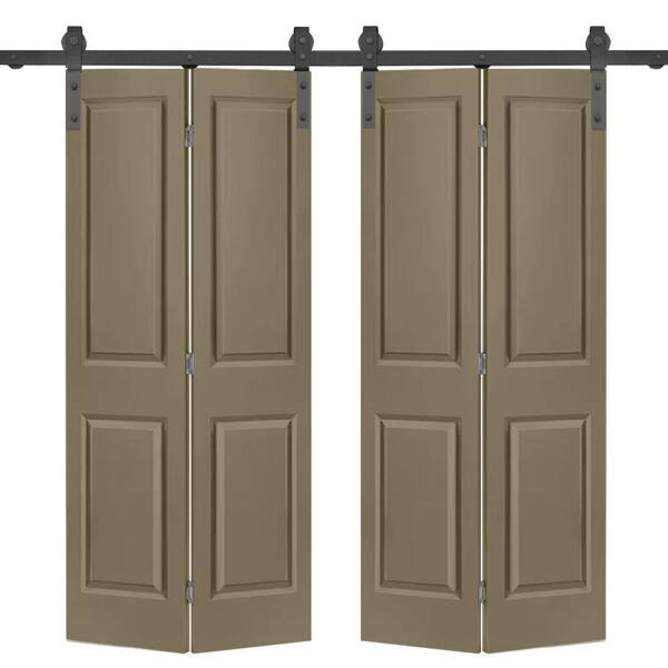 CALHOME 60 in. x 80 in. Hollow Core 2 Panel Olive Green Painted MDF Composite Double Bi-Fold Barn Door with Sliding Hardware Kit