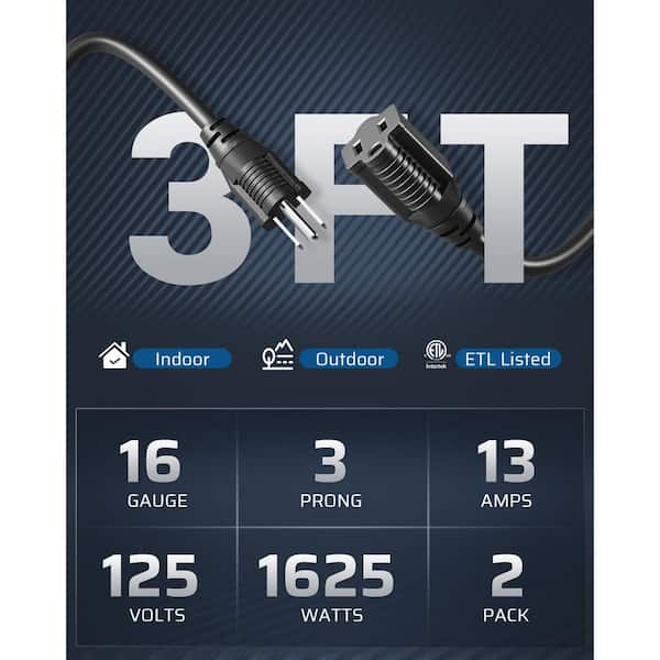 3 ft. 16/3 Heavy Duty SJTW Indoor/Outdoor Extension Cord, 2 Pack, Black