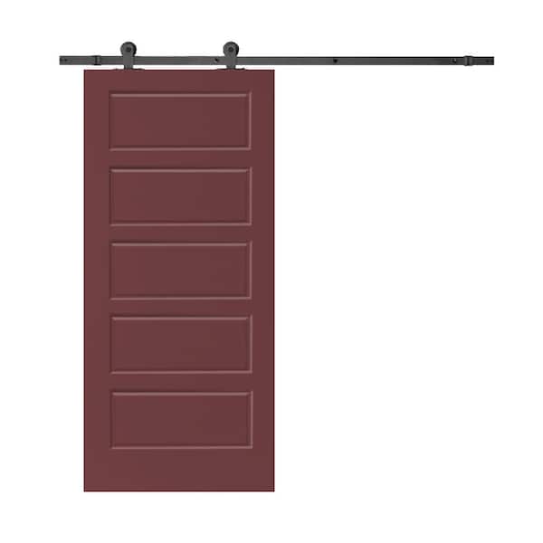 CALHOME 30 in. x 80 in. Maroon Stained Composite MDF 5 Panel Interior Sliding Barn Door with Hardware Kit