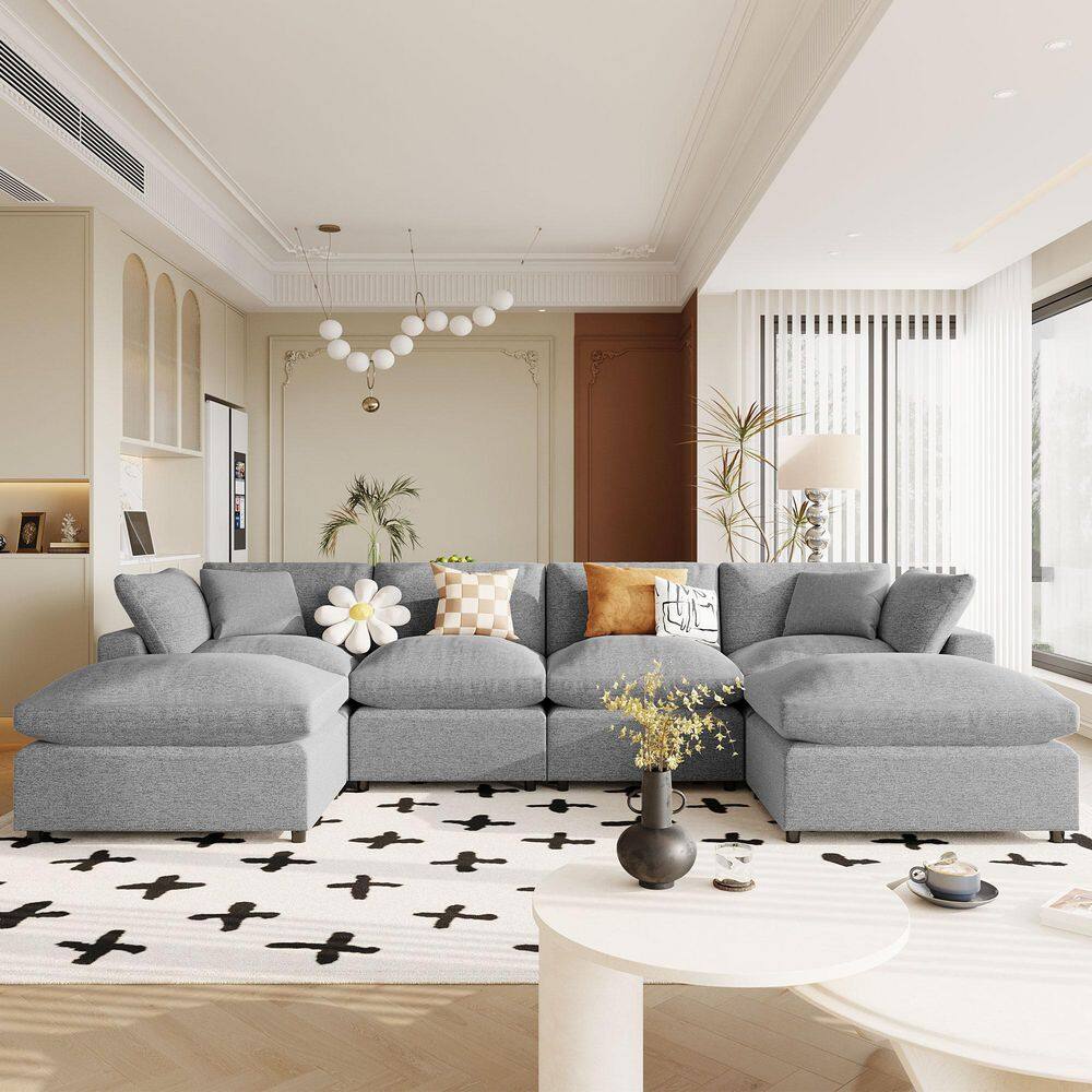 134.4 in. Square Arm Polyester Sectional Sofa with Removable Ottomans in. Gray