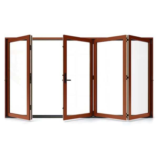 JELD-WEN W5500 124 in. x 80 in. Mesa Red Left Hand/Outswing Aluminum Clad Wood 4-Panel Prehung Folding Patio Door