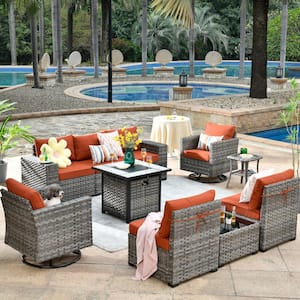 Moonstone 10-Piece Wicker Outdoor Patio Fire Pit Sectional Sofa Set with Orange Red Cushions and Swivel Rocking Chairs