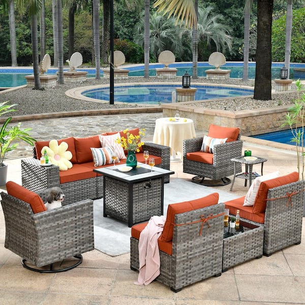 XIZZI Moonstone 10-Piece Wicker Outdoor Patio Fire Pit Sectional Sofa Set with Orange Red Cushions and Swivel Rocking Chairs