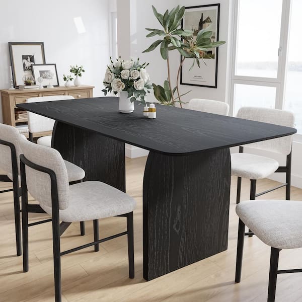 Dovelina Flora Black Wood 67 in. Rectangle Double Pedestal Dining Table Seats 6