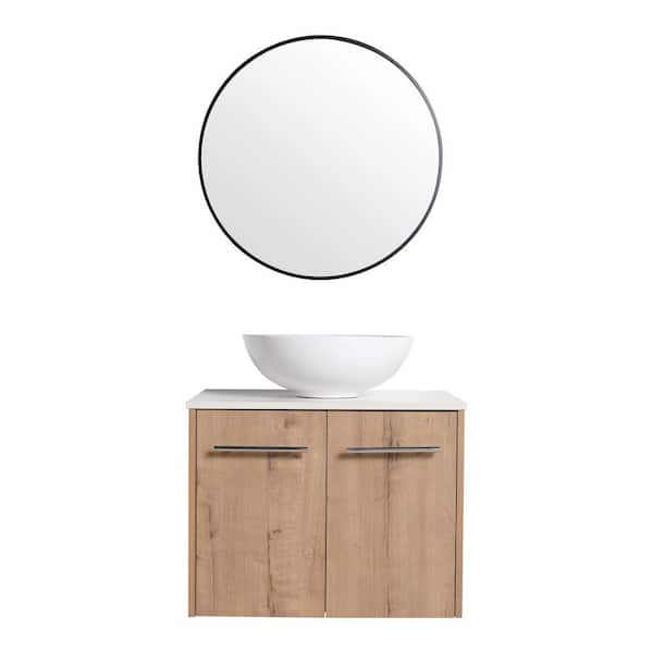 24 in. W x 19 in. D x 18 in . H Floating Bathroom Vanity in Brown with Glossy White Round Ceramic Basin Top