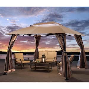 10 ft. x 13 ft. Renaissance Outdoor Steel Gazebo in Beige with Mosquito Netting and Privacy Curtain