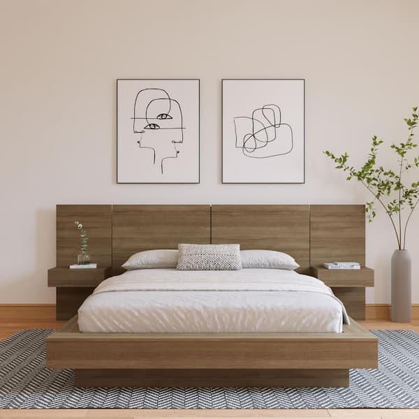 Napa 4-Piece Brown Oak King Size Platform Bedroom Set with Floating Nightstand