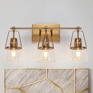 Mid-Century Modern 21.2 in. 3-Light Plated Brass Vanity Light with Bell Clear Glass Shade