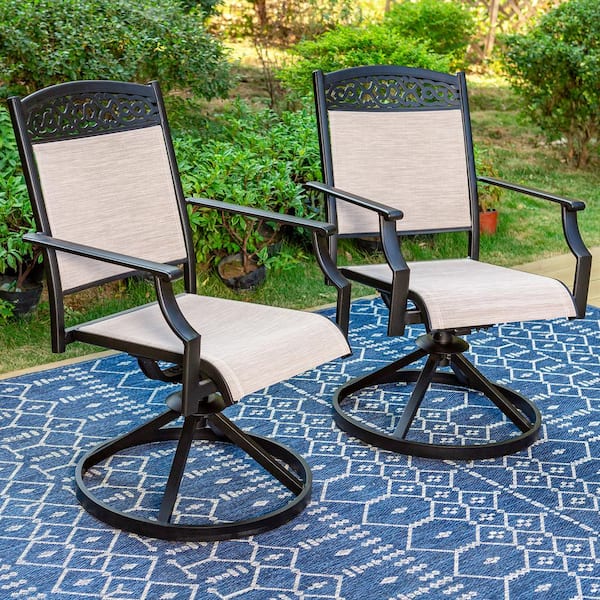 PHI VILLA Black Aluminum Classic Pattern Swivel Rockers Sling Outdoor Dining Chair (2-Pack)