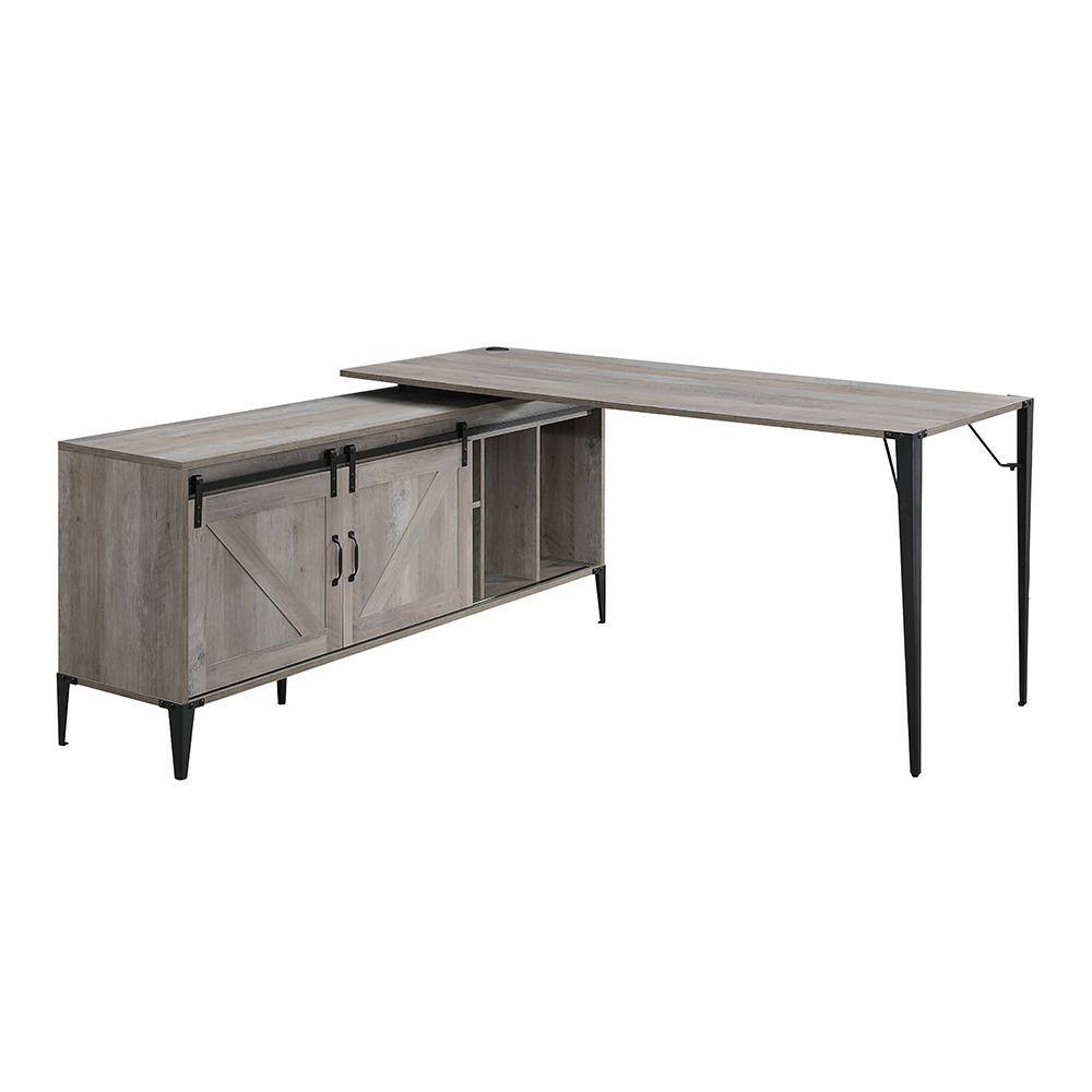 Gray Oak L-Shaped Desk with Sliding Barn Doors