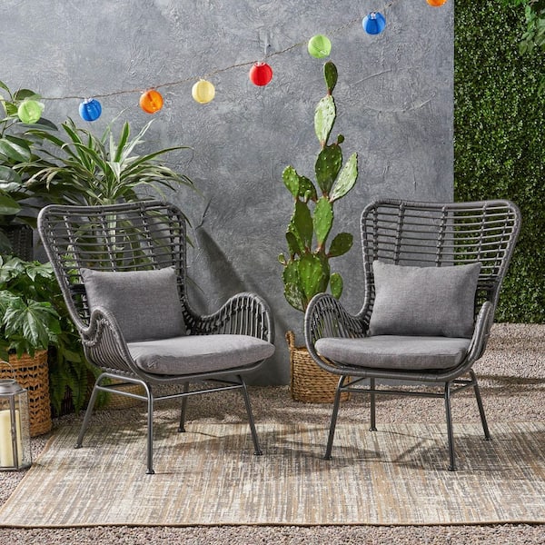 Grey Metal Outdoor Lounge Chair with Grey Cushions (2-Pack)