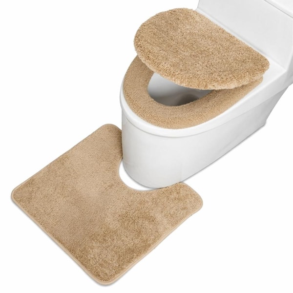 3-Piece Toilet Seat Cover Set for Elongated and Round Toilets, U-Shaped Washable Rug, Quick-Dry Brown