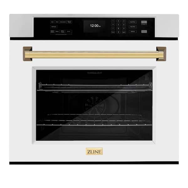 ZLINE Kitchen and Bath Autograph Edition 30 in. Electric Single Wall Oven in Stainless Steel with White Matte Door and Polished Gold Handle