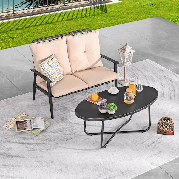 TOP HOME SPACE 2-Piece Metal Patio Conversation Set with Khaki Cushions