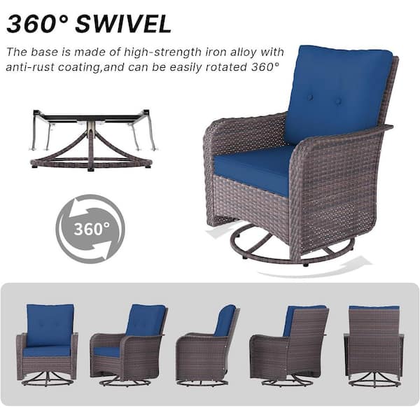 11-Piece Wicker Patio Conversation Set with Fire Pit Table, Glass Coffee Table, Swivel Rocking Chairs and Cushion Navy