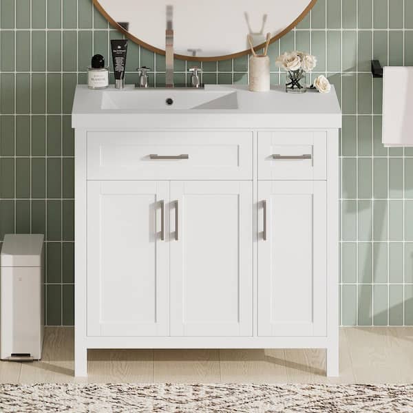 36 in. W Single Sink Freestanding White Solid Wood Frame Bath Vanity with White Resin Top, Unassembled