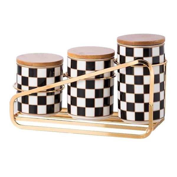 3-Piece 3.5 in. Ceramic Decorative Canister Set with Wood Tiered Shelf and Checkered Pattern