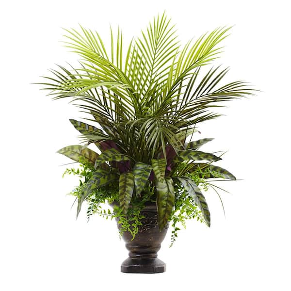 Nearly Natural 27 in. Artificial Mixed Areca Palm, Fern and Peacock with Planter