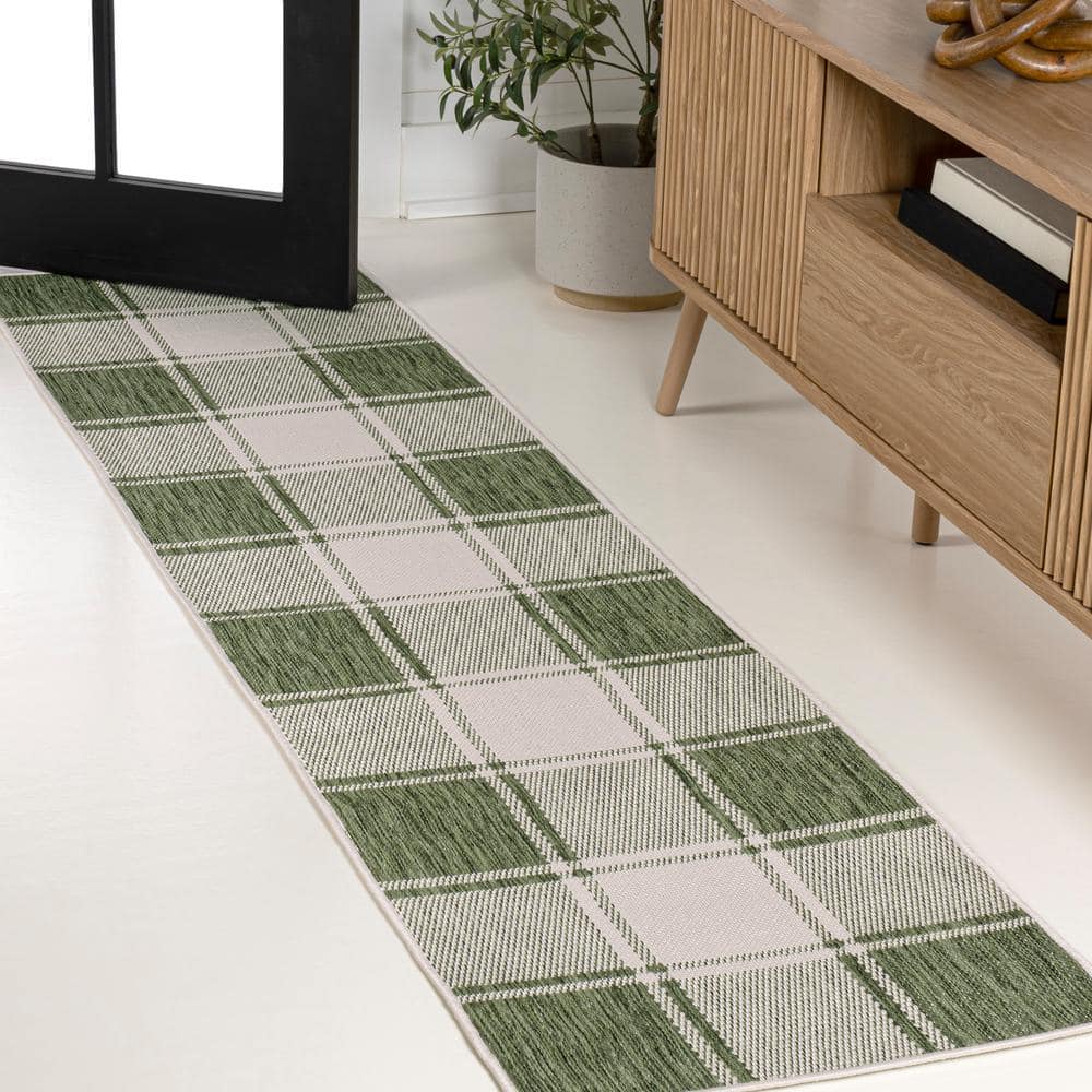 Sabine Green and Cream Synthetic Checkerboard Runner Rug, 2 x 8 ft