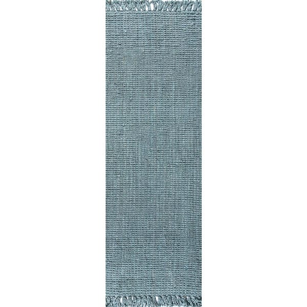 Pata Hand Woven Chunky Jute with Fringe Light Blue/Gray 2 ft. x 18 ft. Runner Rug