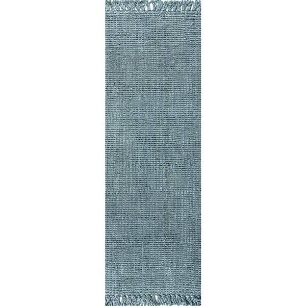 Pata Hand Woven Chunky Jute with Fringe Light Blue/Gray 2 ft. x 20 ft. Runner Rug