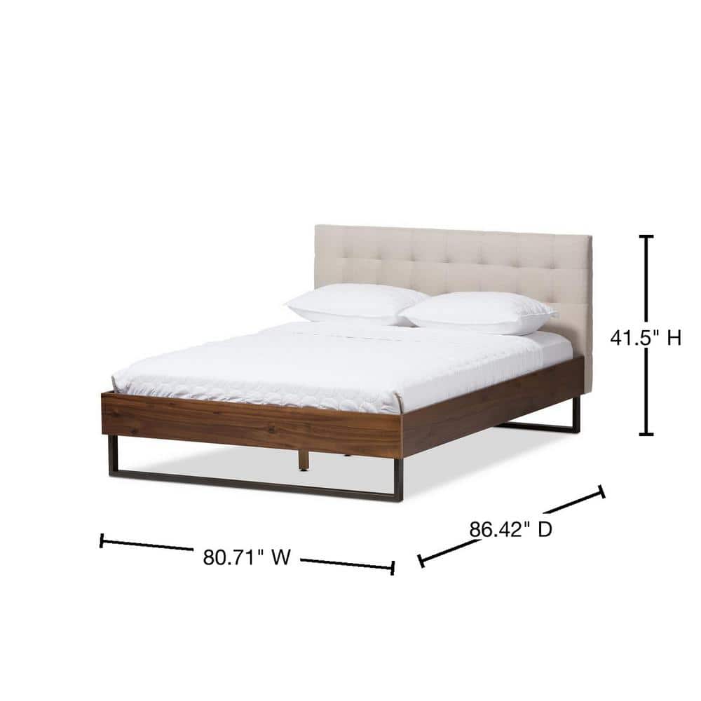 King-Sized Walnut and Beige Faux Leather Tufted Platform Bed